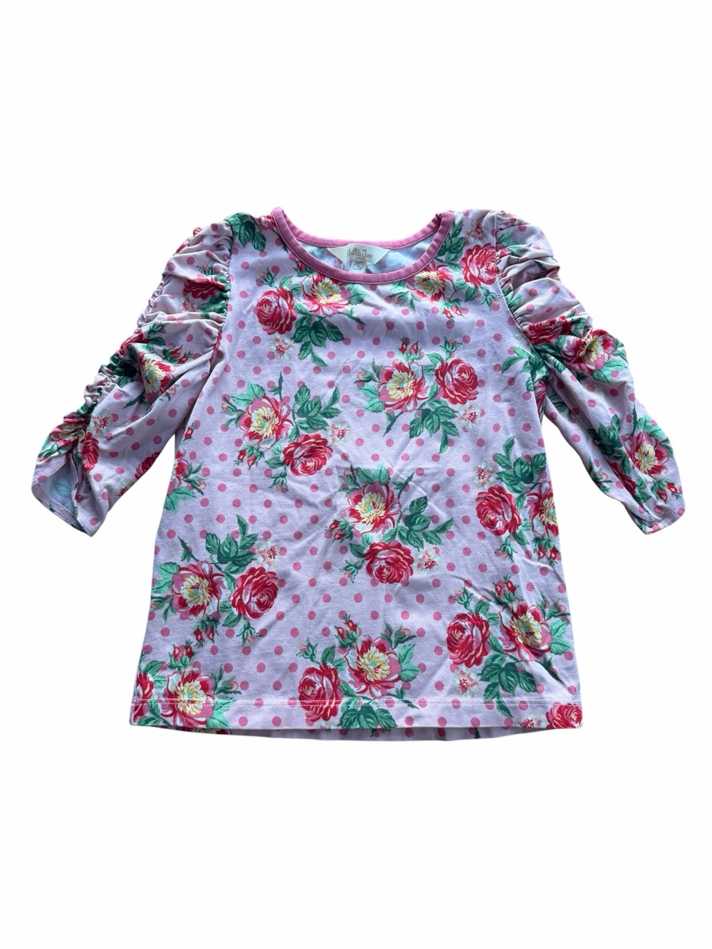 Matilda Jane Size 6 Girls Pink Floral Polka Dot Ruched Sleeve Top Shirt